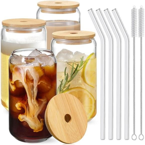 Drinking Glasses with Bamboo Lids and Glass Straw 4pcs Set - 16oz Can Shaped - Picture 1 of 7